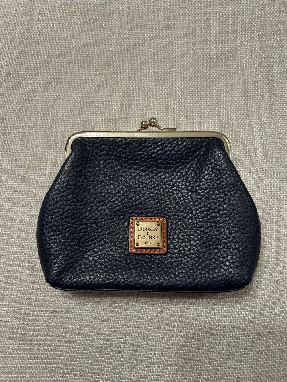 Dooney & Bourke Black Pebbled Leather Kiss-Lock Coin Purse with Gold Frame